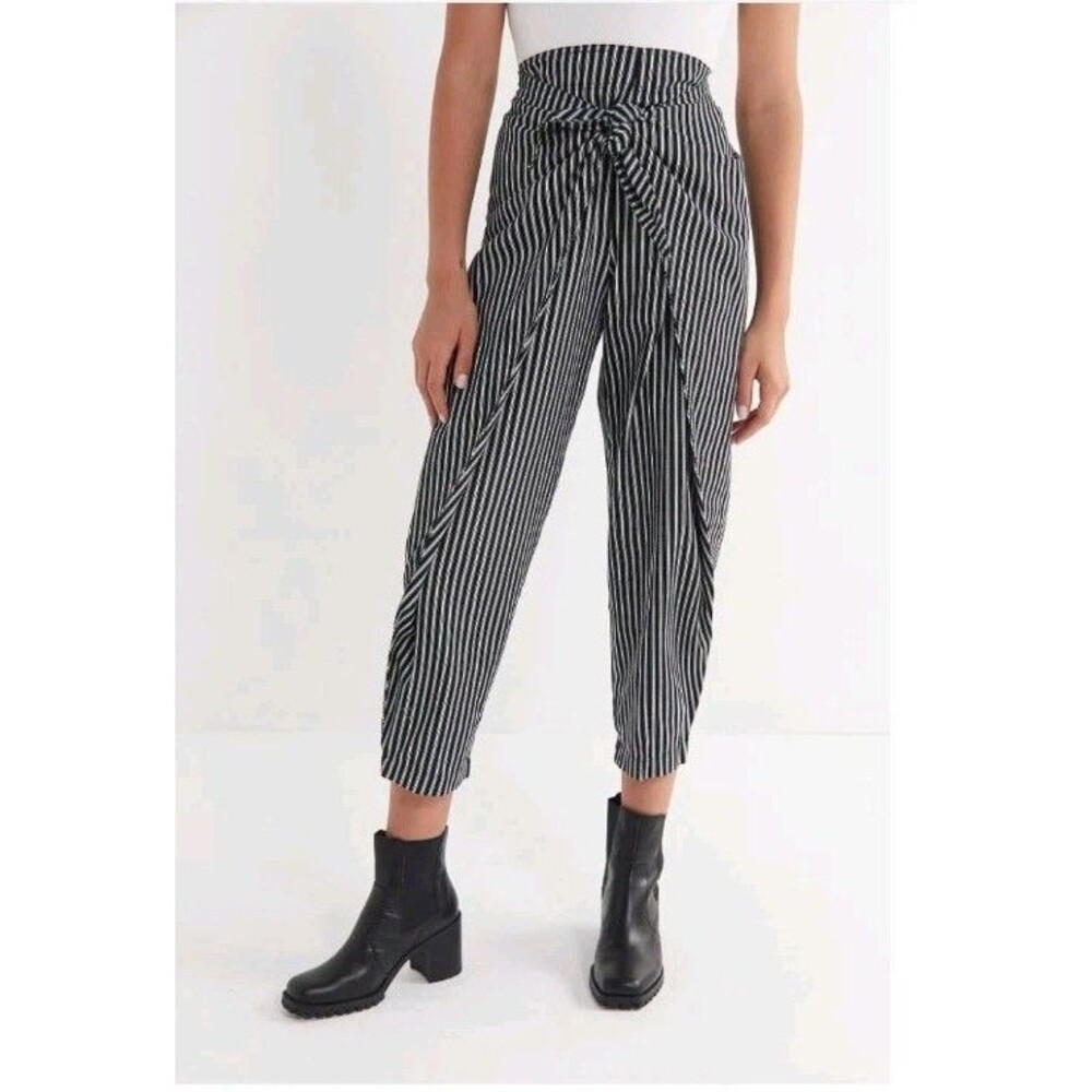Silence + Noise High-Rise Wrap-Front Pants S Striped Paperbag Tapered Twill Bow